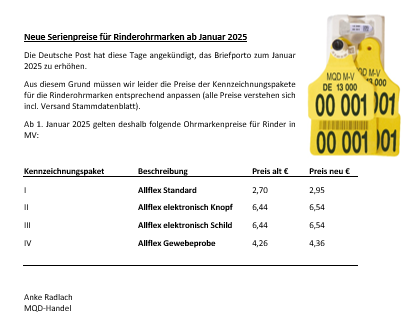 Allflex Ohrmarken Preisänderung 12/ 2024